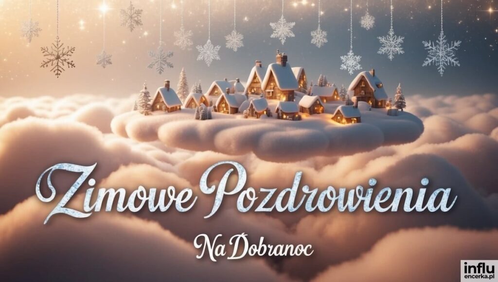 Bajkowe miasteczko na chmurach otoczone śnieżynkami i gwiazdami, z napisem „Zimowe Pozdrowienia Na Dobranoc”