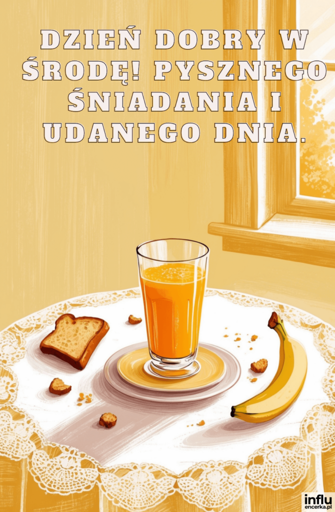 Szklanka soku pomarańczowego, grzanka i banan na stole z koronkowym obrusem, z napisem „Dzień dobry w środę! Pysznego śniadania i udanego dnia.”