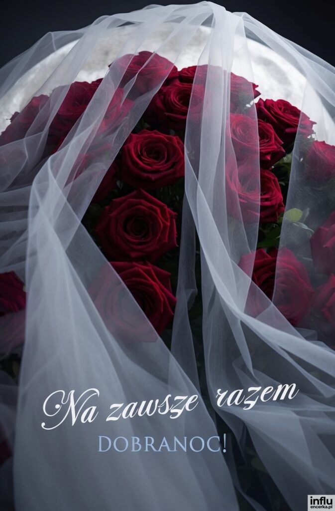 Bukiet ciemnoczerwonych róż przykryty delikatną białą tiulową tkaniną, z napisami „Na zawsze razem”