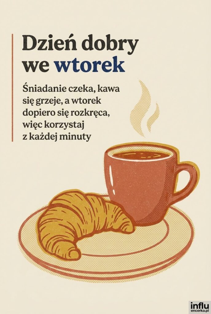 Ilustracja filiżanki kawy i rogalika w stylu risografu z napisem Dzień dobry we wtorek