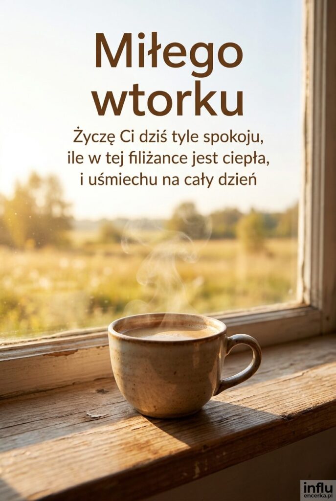 Filiżanka kawy na parapecie w słonecznym świetle z napisem Miłego wtorku