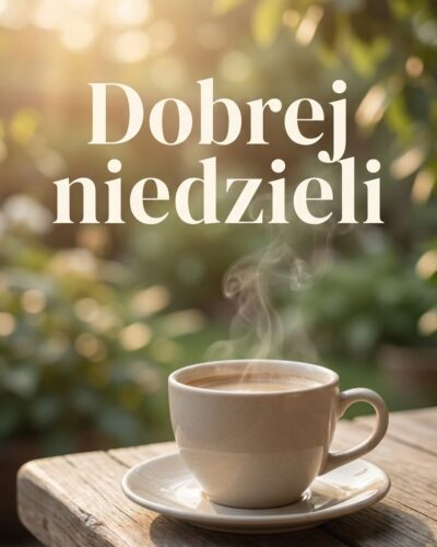 Filiżanka kawy na tarasie w słoneczny poranek z napisem „Dobrej niedzieli" w tle ogrodu.