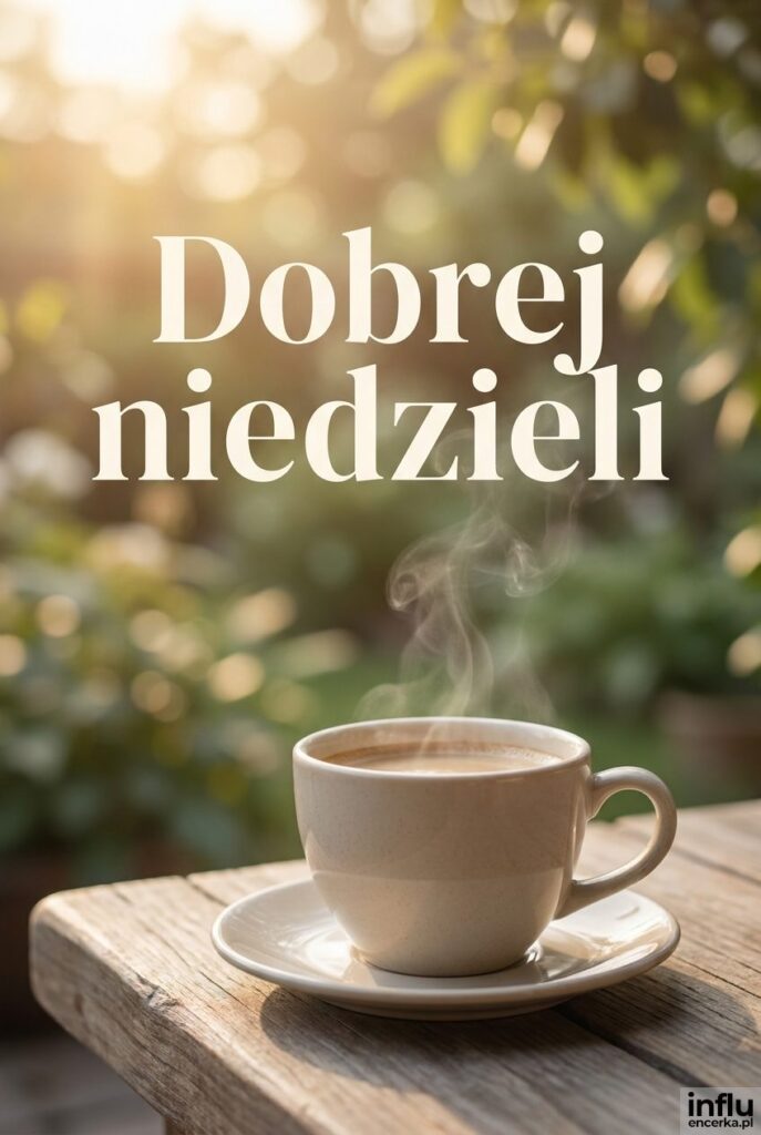 Filiżanka kawy na tarasie w słoneczny poranek z napisem „Dobrej niedzieli" w tle ogrodu.