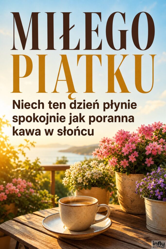 Filiżanka kawy na tarasie w słońcu z kwiatami w tle i napisem Miłego piątku