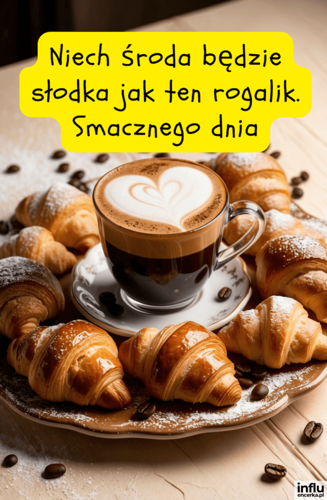 Filiżanka cappuccino z latte art w kształcie serca otoczona rogalikami posypanymi cukrem pudrem, z napisem „Niech środa będzie słodka jak ten rogalik. Smacznego dnia”