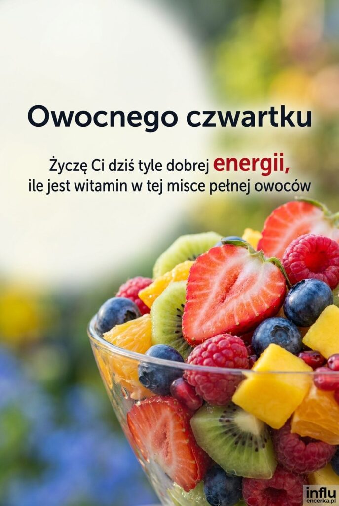 Kolorowa sałatka owocowa w misce z napisem Owocnego czwartku