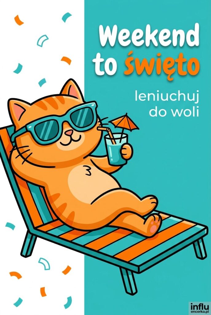 Kreskówkowy kot na leżaku z drinkiem i napisem „Weekend to święto" na turkusowym tle.