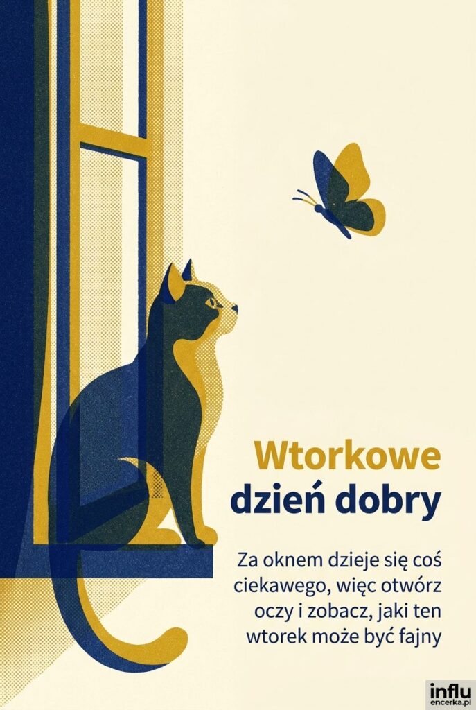 Ilustracja kota na oknie obserwującego motyla w stylu risografu, napis Wtorkowe dzień dobry