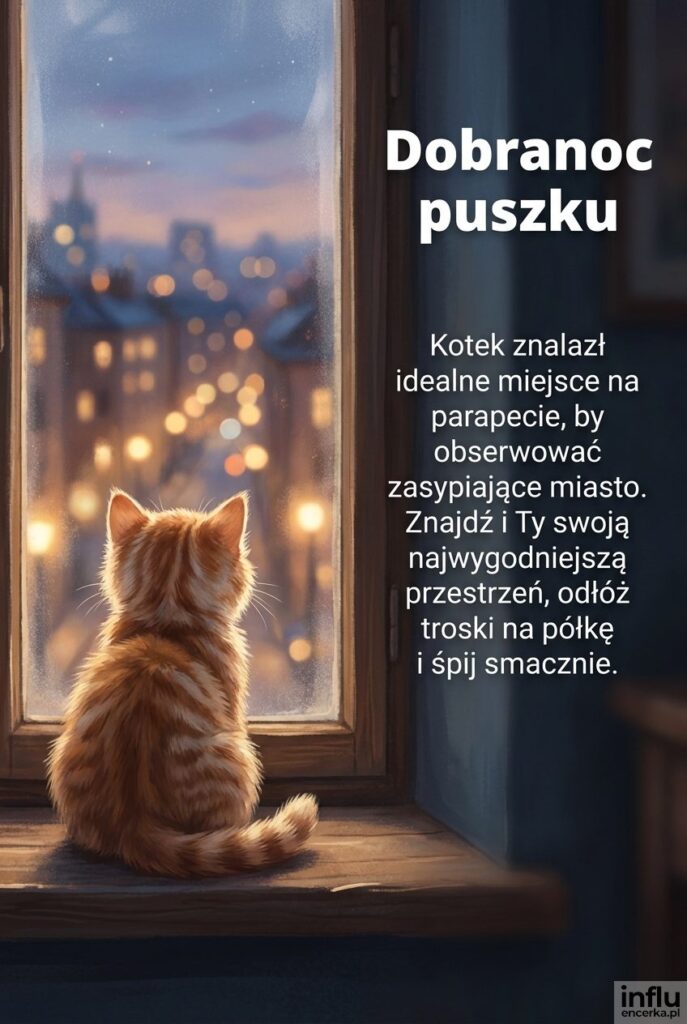 Kot oglądający nocne miasto przez okno z przyjaznym tekstem „Dobranoc puszku”.