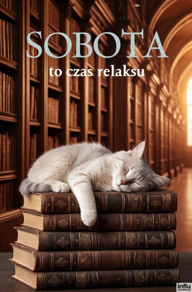Biały kot śpi na stosie starych oprawionych ksiąg w bibliotece z napisem „SOBOTA to czas relaksu”