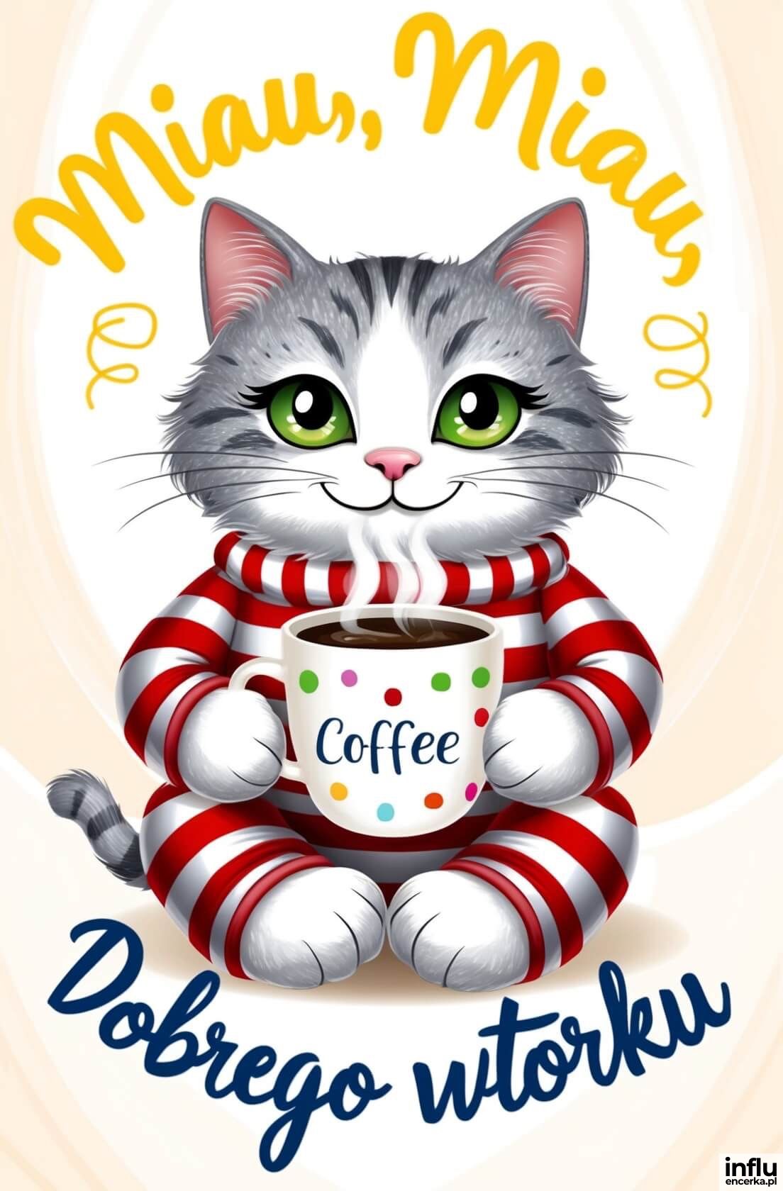 Kot z kawą i życzeniami dobrego wtorku