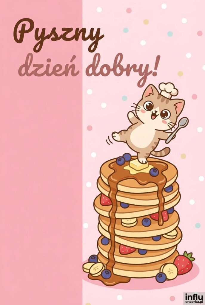 Kreskówkowy kotek na stosie naleśników z syropem z napisem „Pyszny dzień dobry!".