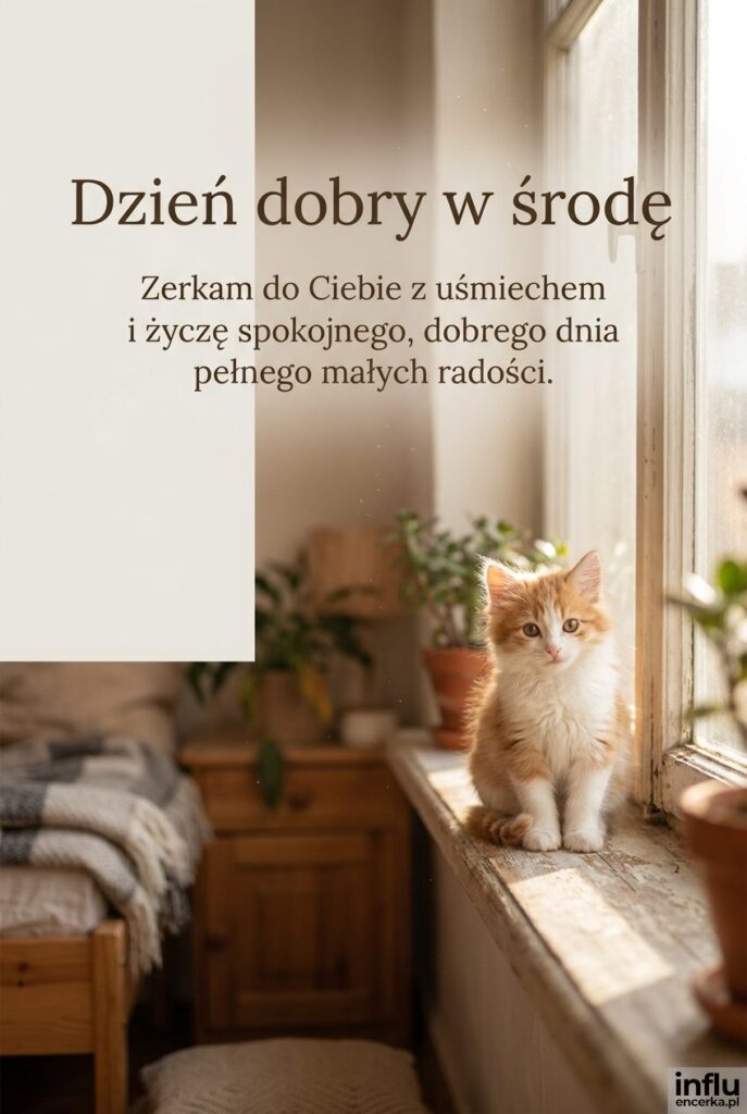 Kotek siedzący na parapecie w porannym słońcu z napisem Dzień dobry w środę
