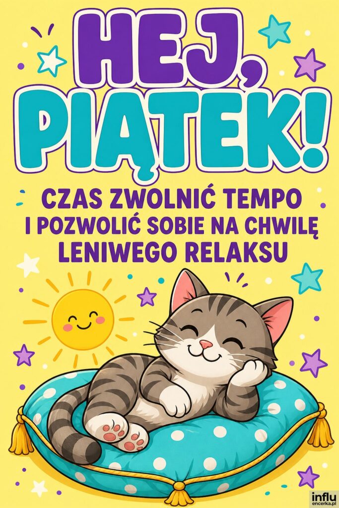 Kreskówkowy uśmiechnięty kotek na poduszce z napisem Hej, piątek na żółtym tle