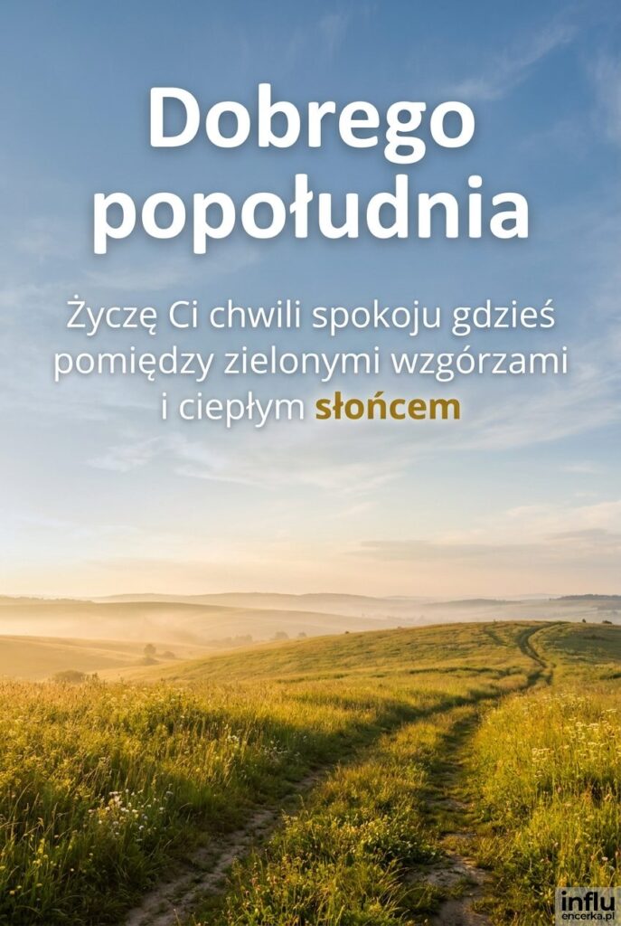 Krajobraz łąki i wzgórz w złotym świetle z napisem „Dobrego popołudnia”.