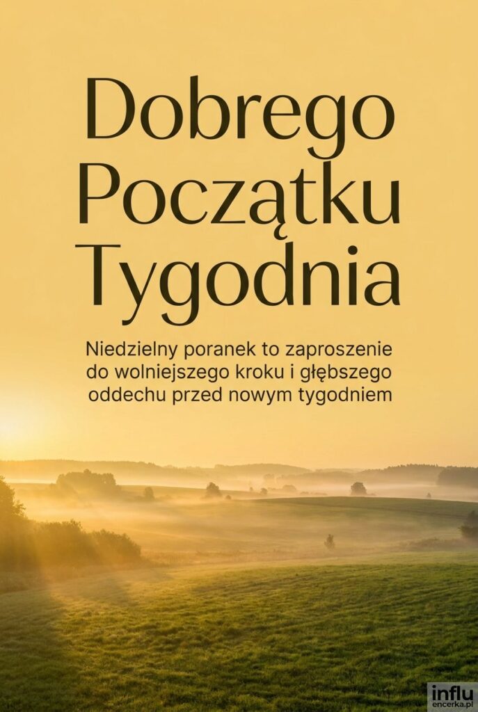 Krajobraz łąk o wschodzie słońca z napisem „Dobrego Początku Tygodnia" na niebie.