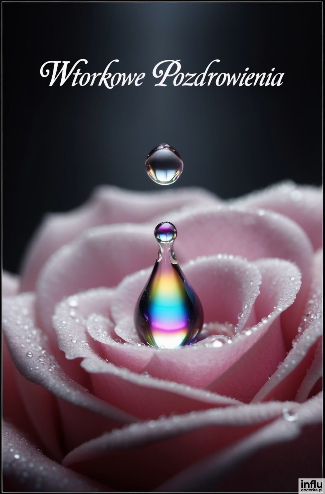 Kropla wody spadające w różę, wtorkowe pozdrowienia