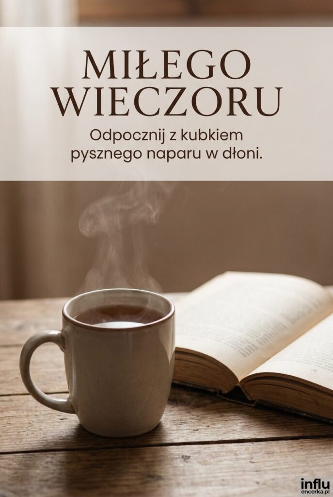 Klimatyczne zdjęcie herbaty z książką oraz czytelnym napisem „Miłego wieczoru”.
