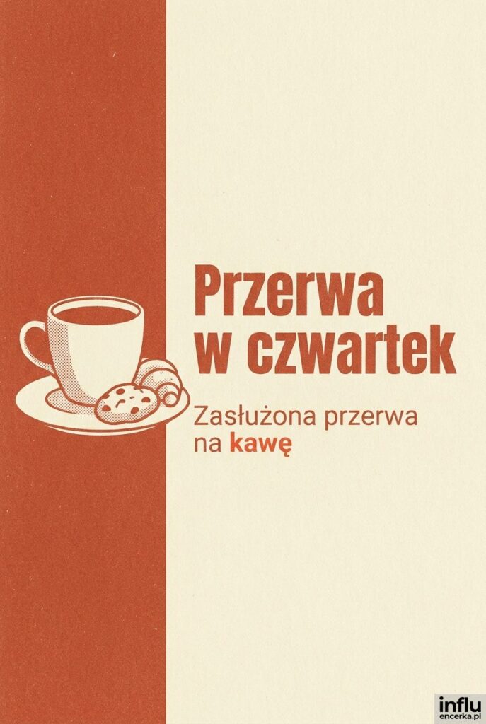 Kubek kawy i ciastka w stylu risografu na kremowym tle z napisem Przerwa w czwartek