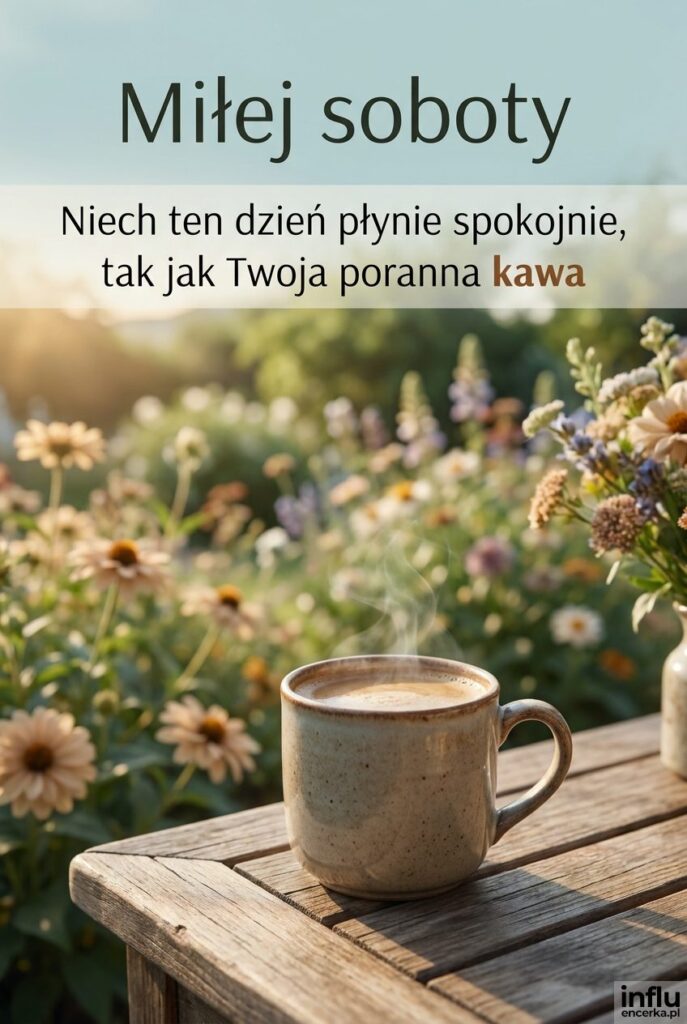Kubek kawy na tarasie w słoneczny sobotni poranek z napisem Miłej soboty