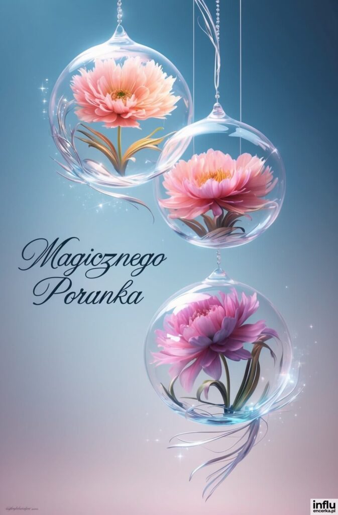 Trzy szklane kule z różowymi kwiatami zwisające na niebieskim tle, z napisem „Magicznego Poranka”