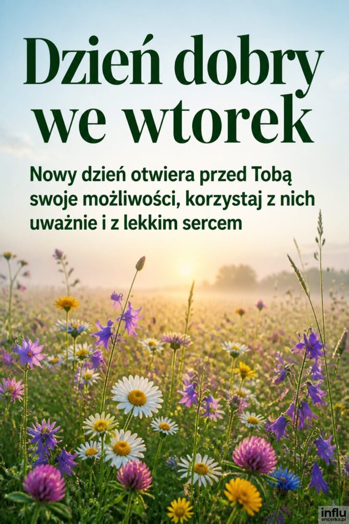 Łąka polnych kwiatów o poranku z nagłówkiem „Dzień dobry we wtorek” na jasnym niebie.