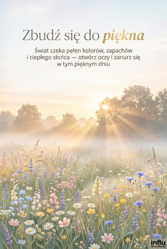 Łąka pełna kwiatów we mgle porannej z promieniami słońca i napisem „Zbudź się do piękna".