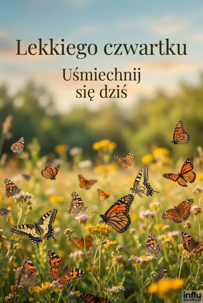 Łąka pełna motyli w słońcu z napisem Lekkiego czwartku