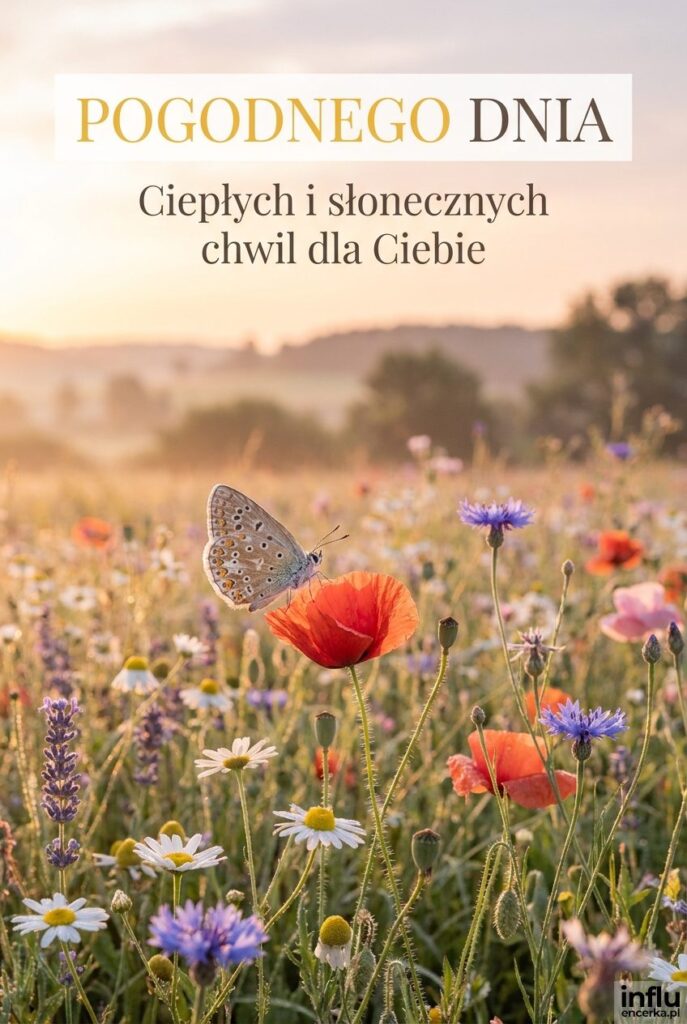 Łąka pełna polnych kwiatów z motylem w słońcu i napisem „Pogodnego dnia”.