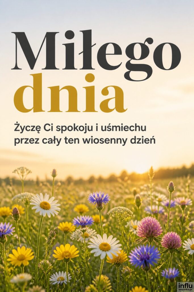 Łąka polnych kwiatów o poranku z nagłówkiem „Miłego dnia" na jasnym niebie.