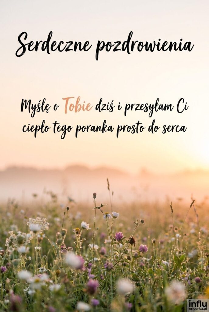 Łąka z polnymi kwiatami o wschodzie słońca i napis Serdeczne pozdrowienia na jasnym niebie