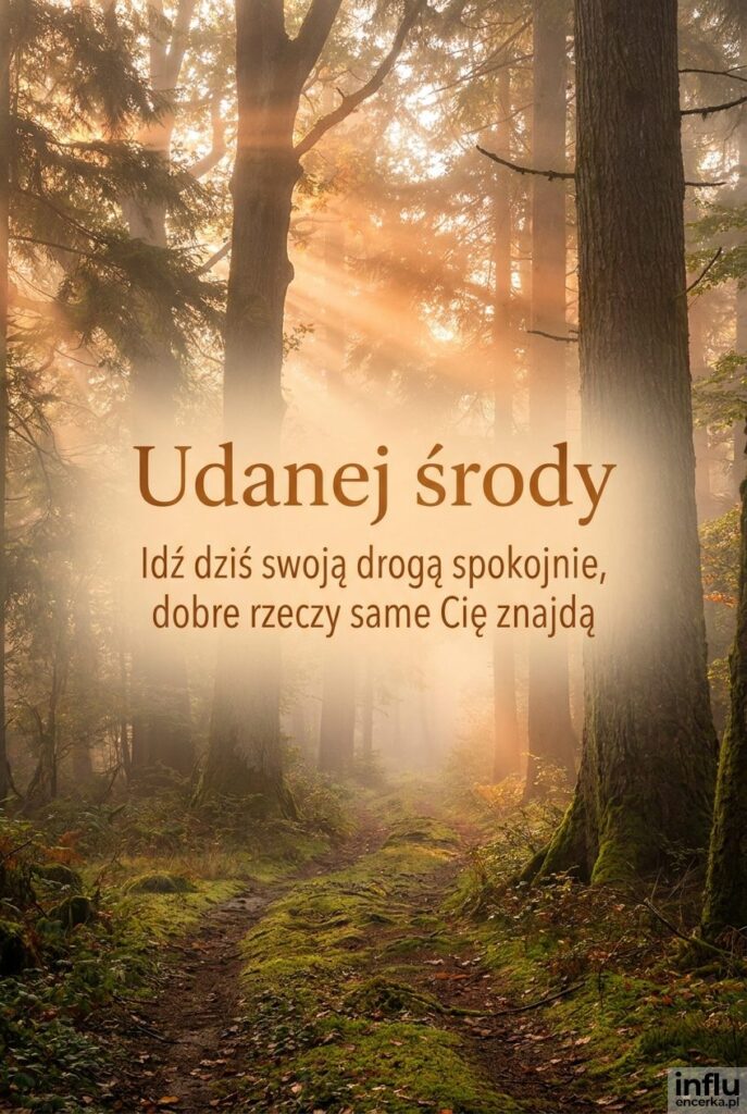 Leśna ścieżka z promieniami słońca i mgiełką z napisem Udanej środy