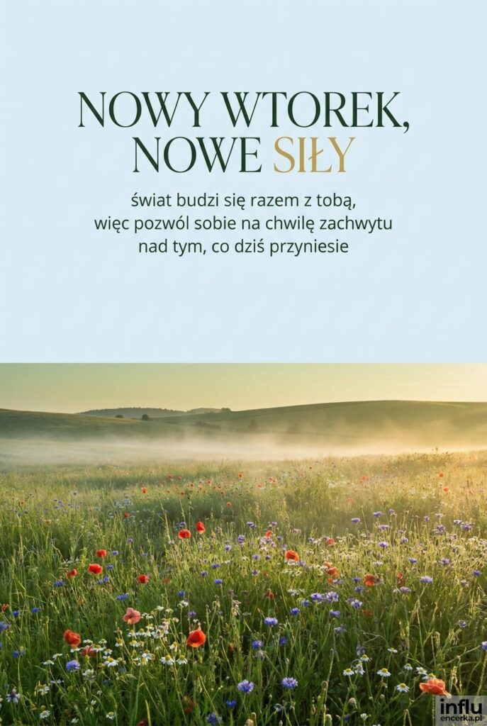 Mglisty krajobraz łąki z polnymi kwiatami o wschodzie słońca i napisem „Nowy wtorek, nowe siły".
