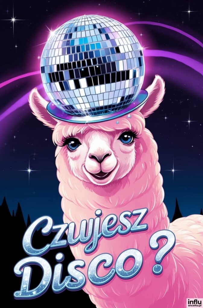 Różowa lama z kulą dyskotekową na głowie na tle gwiaździstego nieba z napisem „Czujesz Disco?”
