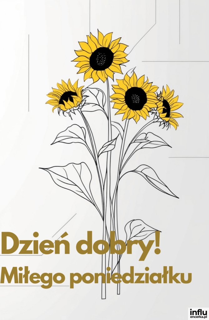 Bukiet słoneczników rysowany konturem z żółtymi kwiatami i napisem „Dzień dobry! Miłego poniedziałku”
