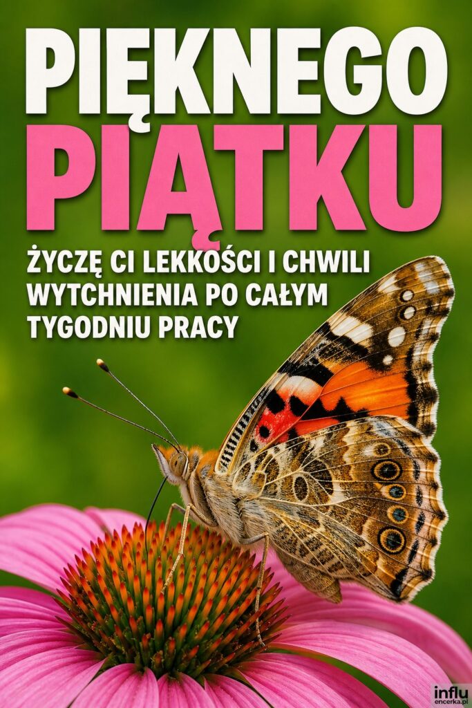 Kolorowy motyl na różowym kwiecie z napisem Piękny piątek w tle rozmytej zieleni