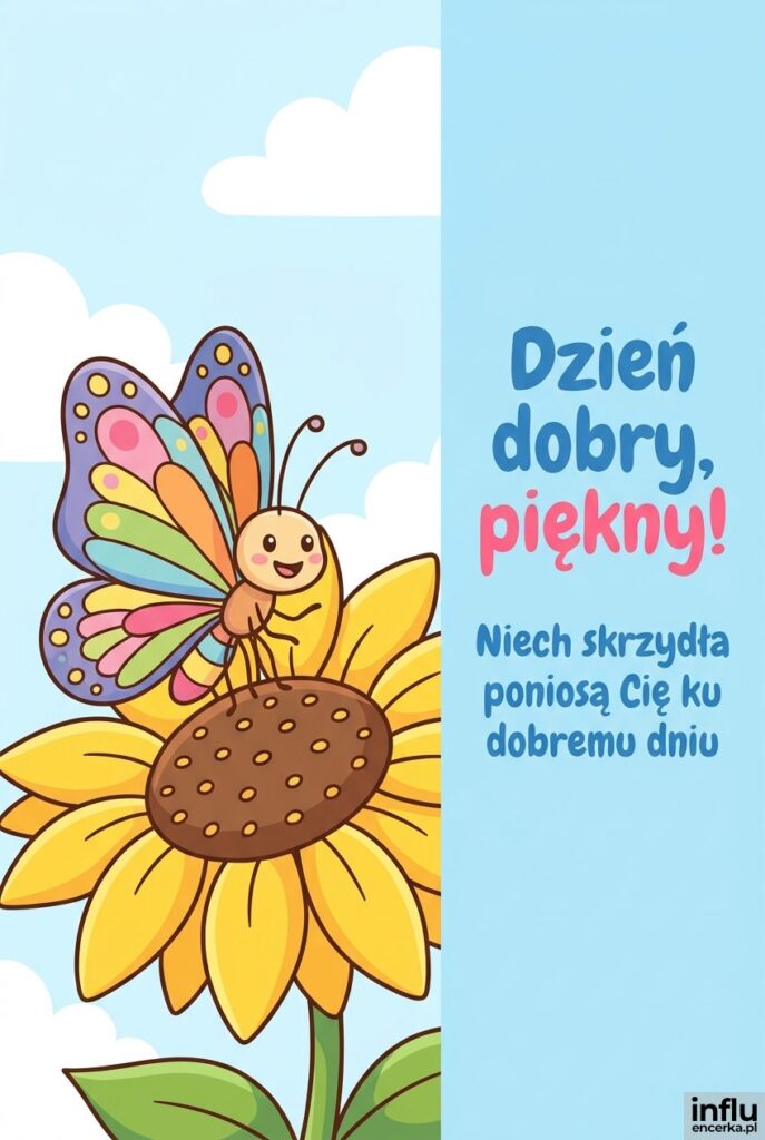 Kolorowy motyl na słoneczniku w kreskówkowym stylu z napisem „Dzień dobry, piękny!".