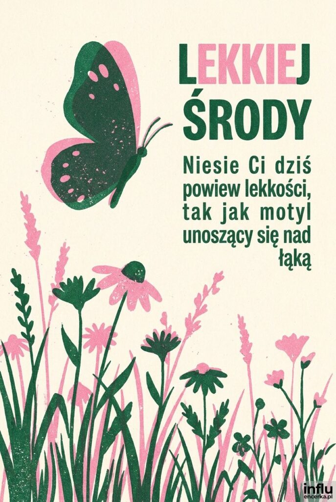 Ilustracja motyla nad łąką w stylu risografu z napisem Lekkiej środy
