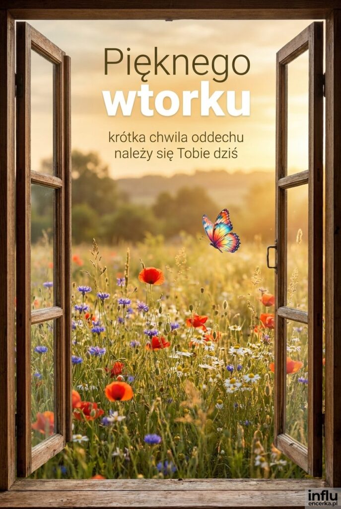 Otwarte okno z widokiem na łąkę i motylem, napis Pięknego wtorku