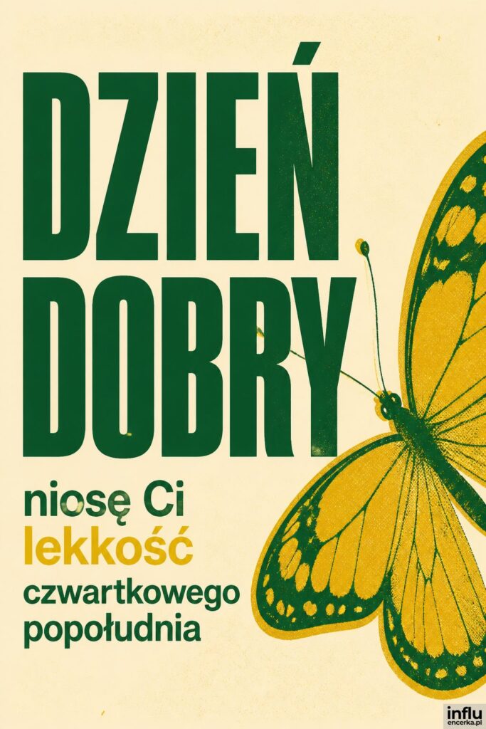 Ilustracja sitodrukowa z uproszczonym motylem i napisem „Dzień dobry" na kremowym tle.