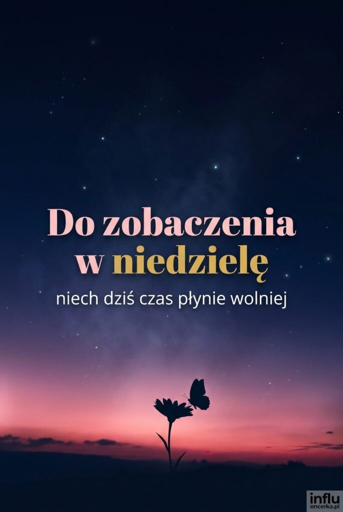 Nastrojowy gradient nieba z sylwetką kwiatu i motyla oraz napisem „Do zobaczenia w niedzielę".