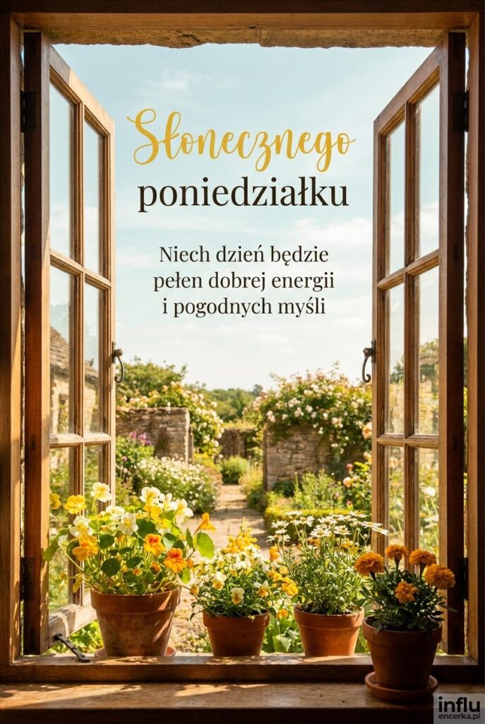 Otwarte okno z widokiem na słoneczny ogród i kwiatami z napisem Słonecznego poniedziałku.