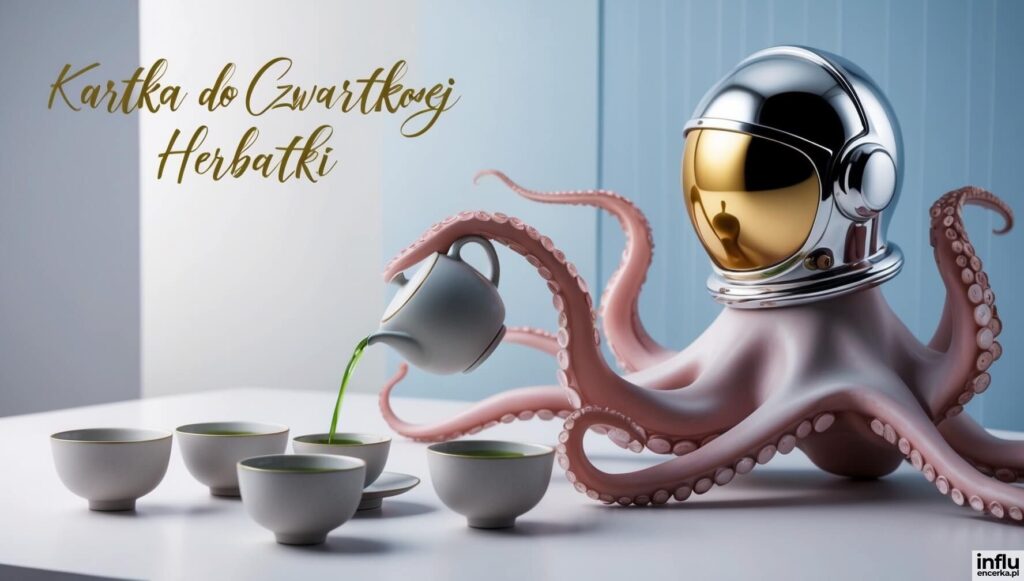 Ośmiornica polewająca herbatkę, kartka do czwartkowej herbatki