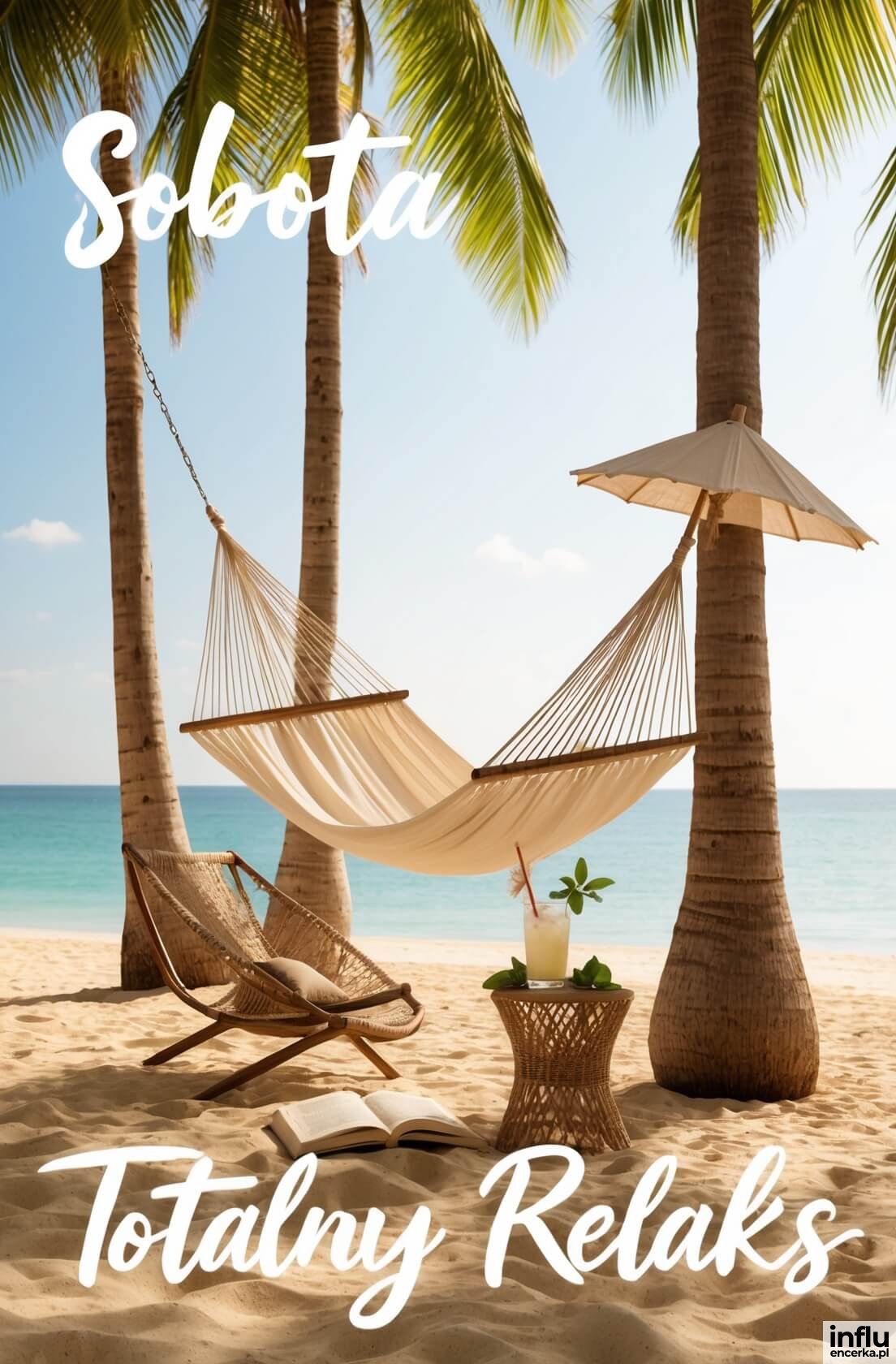 Kartka z palmami na plaży i hamakiem, napis: Sobota, totalny relaks