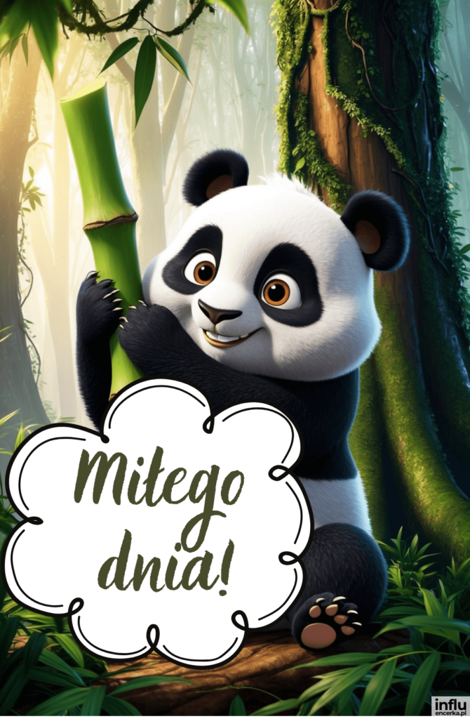 Urocza animowana panda wspinająca się na bambus w dżungli, z napisem „Miłego dnia!”