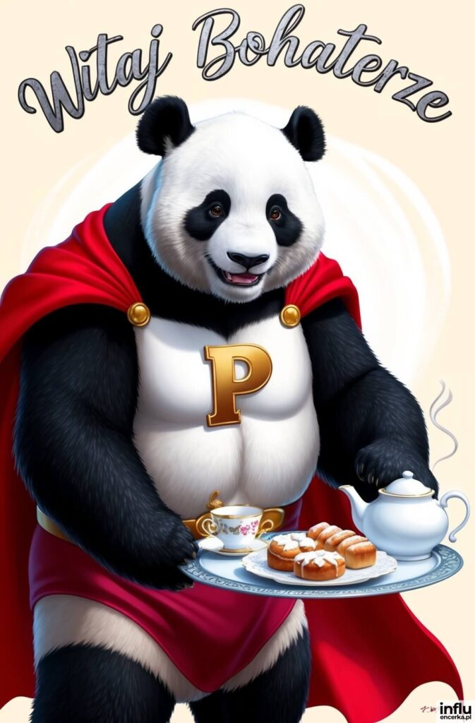 Panda w czerwonej pelerynie superbohatera ze złotą literą „P”