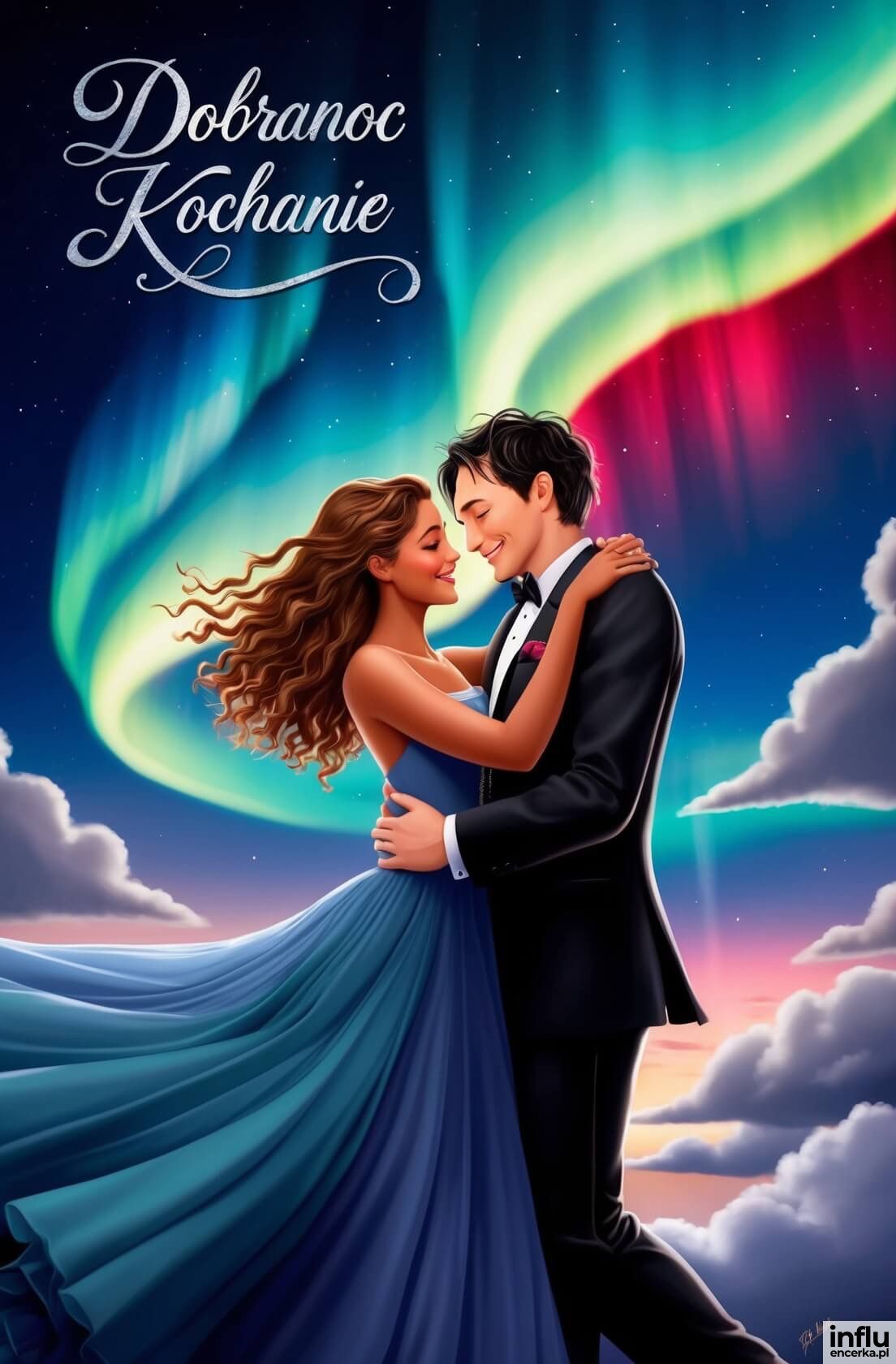 Kartka na dobranoc, para tańcząca, w tle zorza i chmury