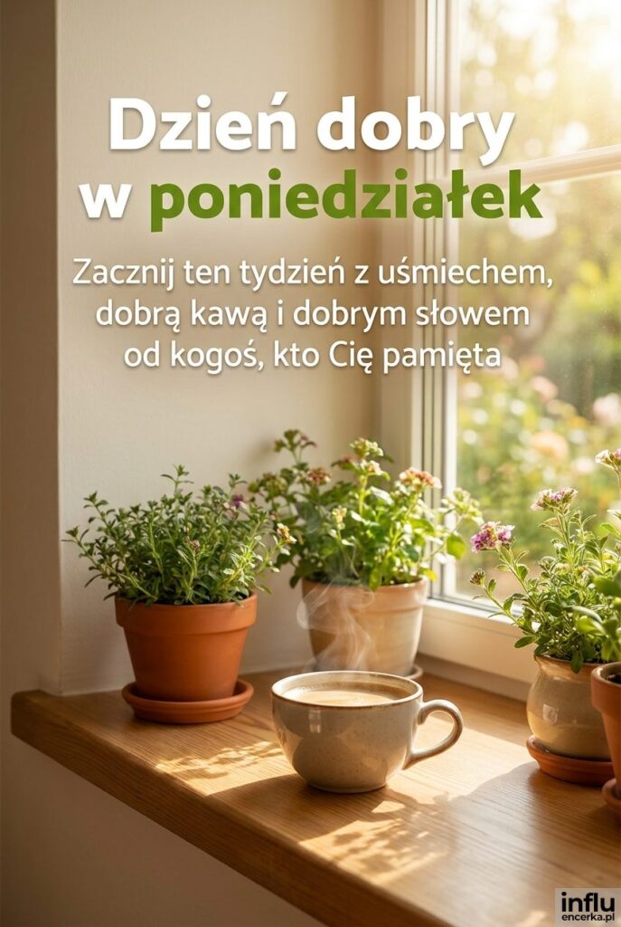 Parapet z kwiatami i filiżanką kawy w słoneczny poranek z napisem Dzień dobry w poniedziałek