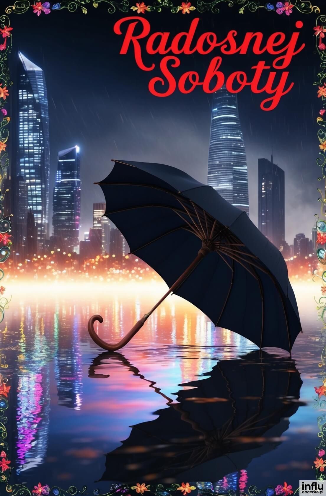 Parasolka na tle miasta, podpis: radosnej soboty