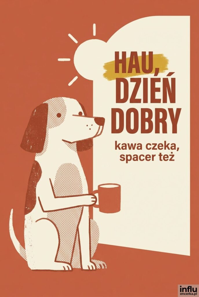 Płaska ilustracja psa z kubkiem kawy w stylu risografu z napisem „Hau, dzień dobry".